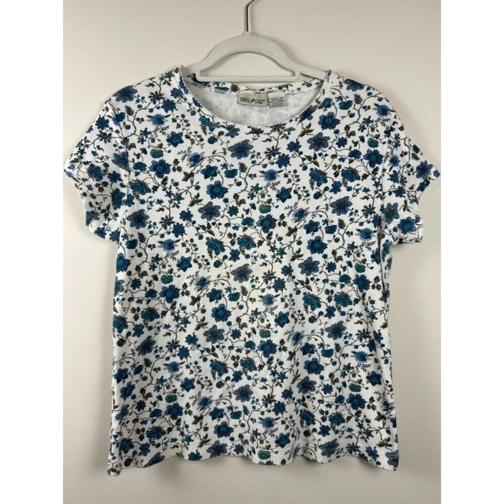 Vintage 90s White Stag L White/Blue/Green Floral 100% Cotton Knit Crew Neck Tee